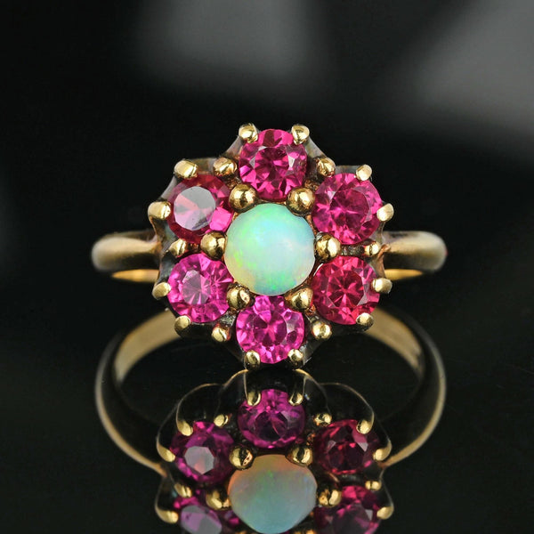 Antique Gold Ruby Halo Cluster Opal Ring - Boylerpf