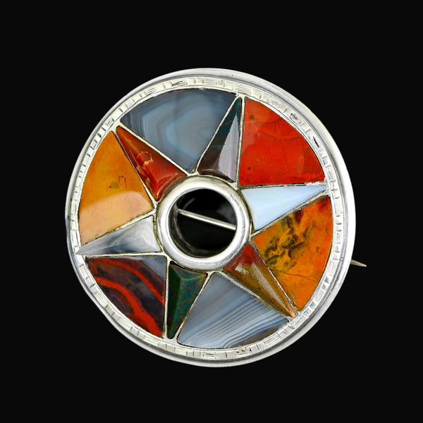 Antique Victorian Scottish Agate Star Brooch Silver - Boylerpf