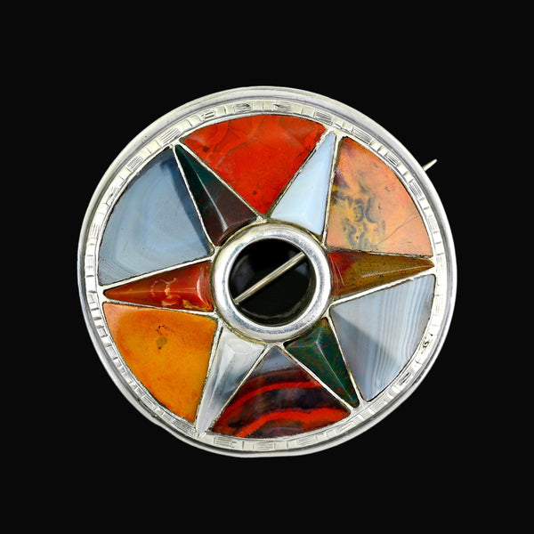 Antique Victorian Scottish Agate Star Brooch Silver - Boylerpf