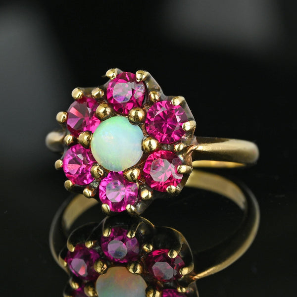 Antique Gold Ruby Halo Cluster Opal Ring - Boylerpf