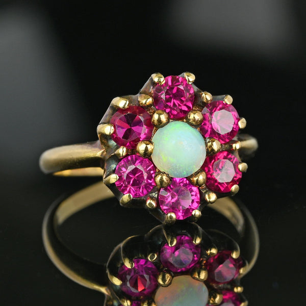 Antique Gold Ruby Halo Cluster Opal Ring - Boylerpf