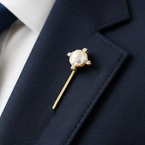 Antique 14K Gold Baroque Pearl Diamond Stick Pin Brooch