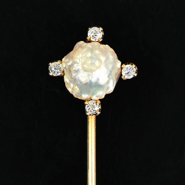 Antique 14K Gold Baroque Pearl Diamond Stick Pin Brooch