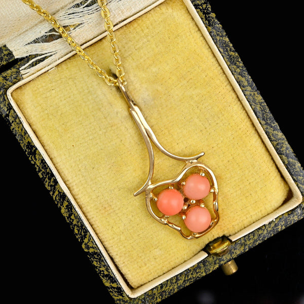 Antique Art Nouveau Style 14K Gold Coral Pendant