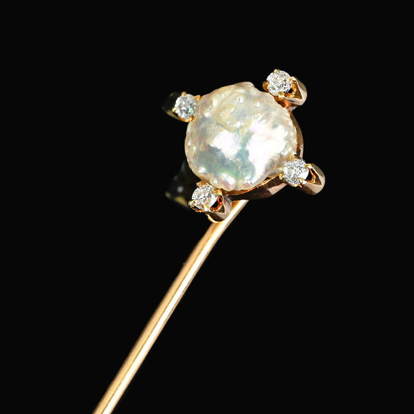 Antique 14K Gold Baroque Pearl Diamond Stick Pin Brooch