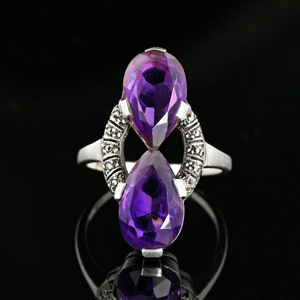 Fine 935 Silver Marcasite Pear Cut Amethyst Ring - Boylerpf