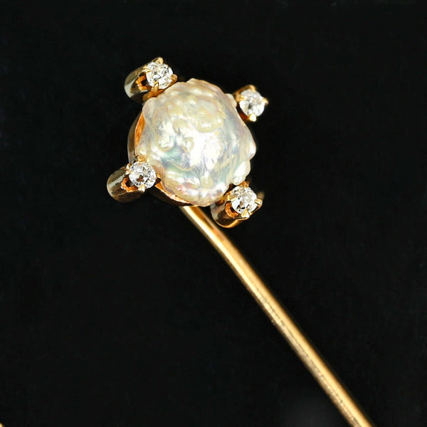 Antique 14K Gold Baroque Pearl Diamond Stick Pin Brooch