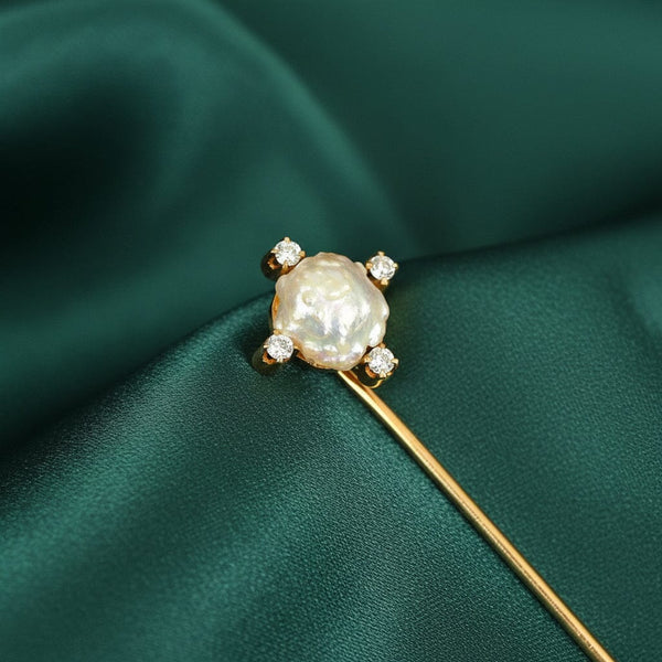Antique 14K Gold Baroque Pearl Diamond Stick Pin Brooch