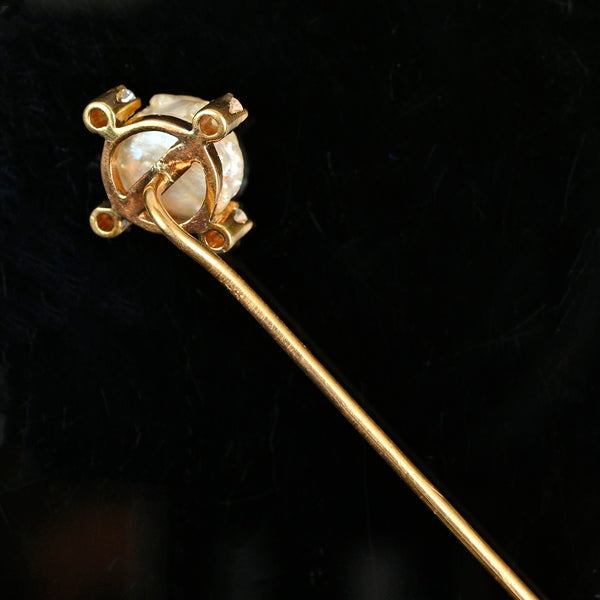 Antique 14K Gold Baroque Pearl Diamond Stick Pin Brooch
