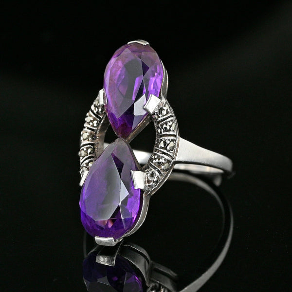 Fine 935 Silver Marcasite Pear Cut Amethyst Ring - Boylerpf