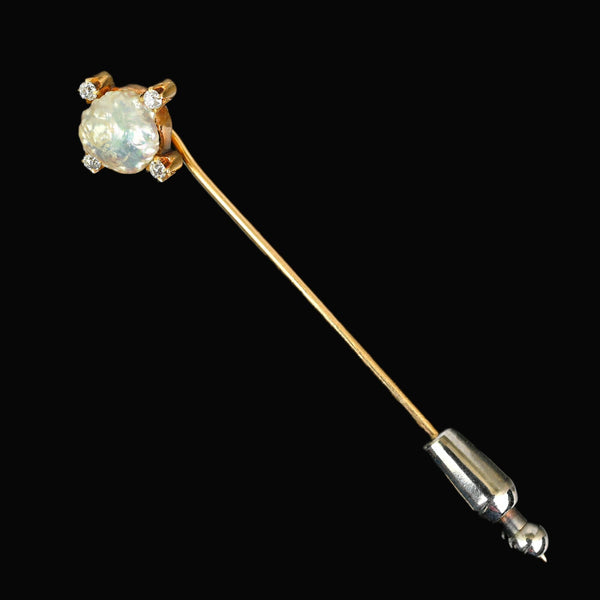 Antique 14K Gold Baroque Pearl Diamond Stick Pin Brooch