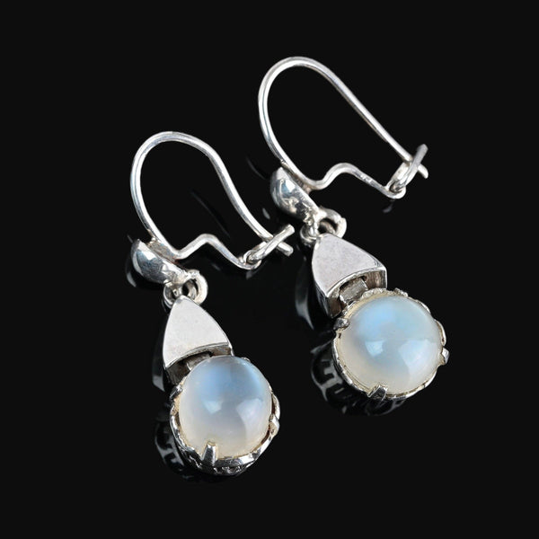 Vintage Silver Dangle Moonstone Cabochon Earrings - Boylerpf