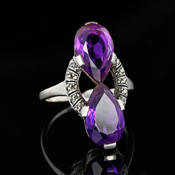 Fine 935 Silver Marcasite Pear Cut Amethyst Ring - Boylerpf