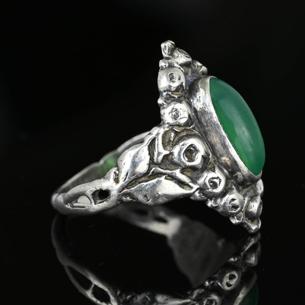 Arts & Crafts Silver Rose Motif Green Chrysoprase Ring - Boylerpf