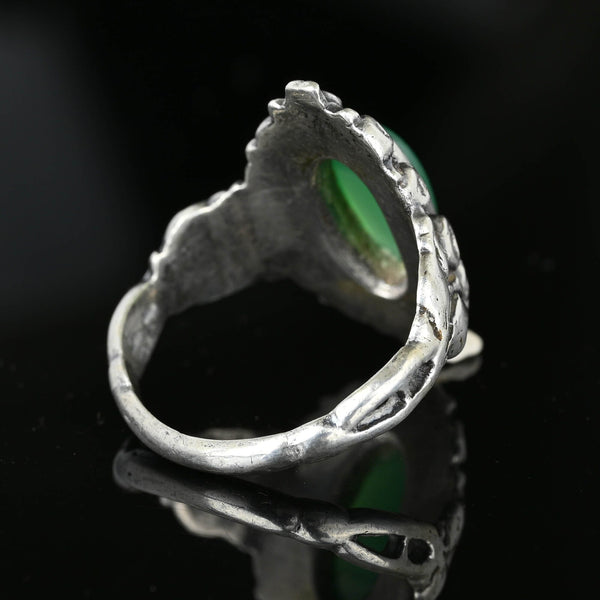 Arts & Crafts Silver Rose Motif Green Chrysoprase Ring - Boylerpf