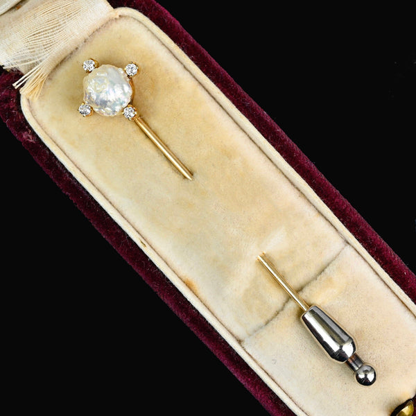 Antique 14K Gold Baroque Pearl Diamond Stick Pin Brooch