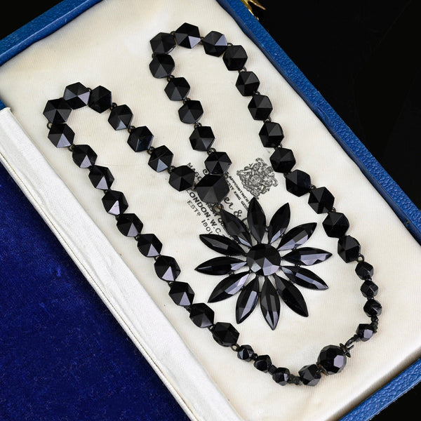 Antique Victorian Black French Jet Necklace, Floral Drop