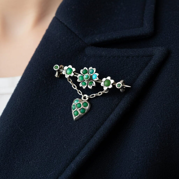 Antique Turquoise Brooch 1800s Heart Dangle 930 Silver