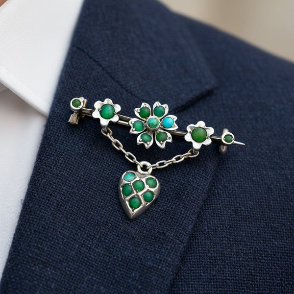 Antique Turquoise Brooch 1800s Heart Dangle 930 Silver