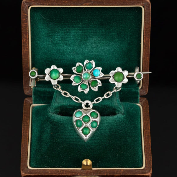 Antique Turquoise Brooch 1800s Heart Dangle 930 Silver