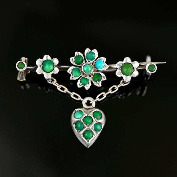 Antique Turquoise Brooch 1800s Heart Dangle 930 Silver