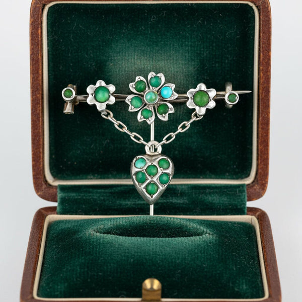 Antique Turquoise Brooch 1800s Heart Dangle 930 Silver