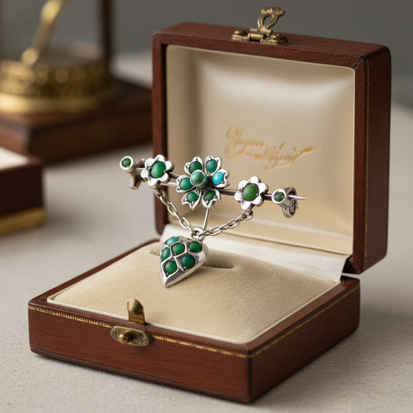 Antique Turquoise Brooch 1800s Heart Dangle 930 Silver