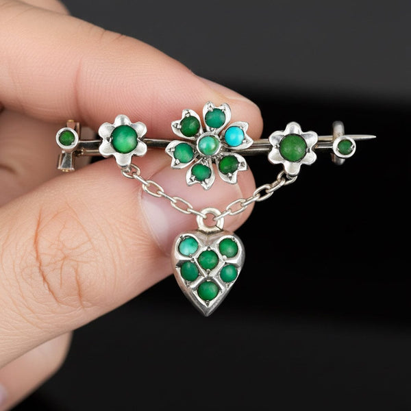Antique Turquoise Brooch 1800s Heart Dangle 930 Silver