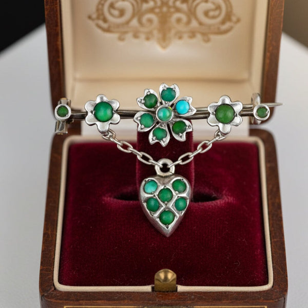 Antique Turquoise Brooch 1800s Heart Dangle 930 Silver