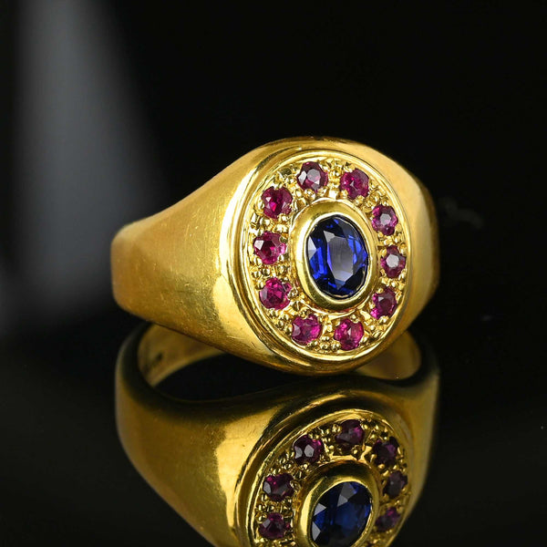 Vintage 18K Gold Ruby Halo Sapphire Signet Ring - Boylerpf