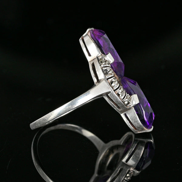 Fine 935 Silver Marcasite Pear Cut Amethyst Ring - Boylerpf