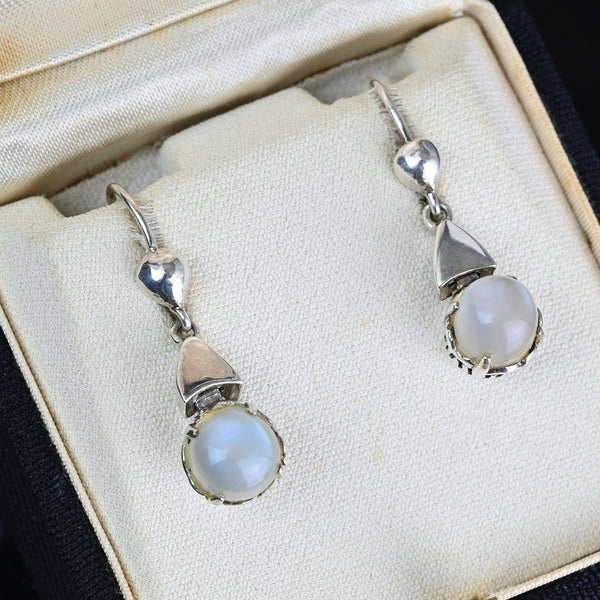Vintage Silver Dangle Moonstone Cabochon Earrings - Boylerpf