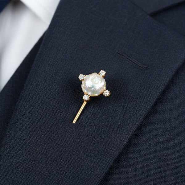 Antique 14K Gold Baroque Pearl Diamond Stick Pin Brooch