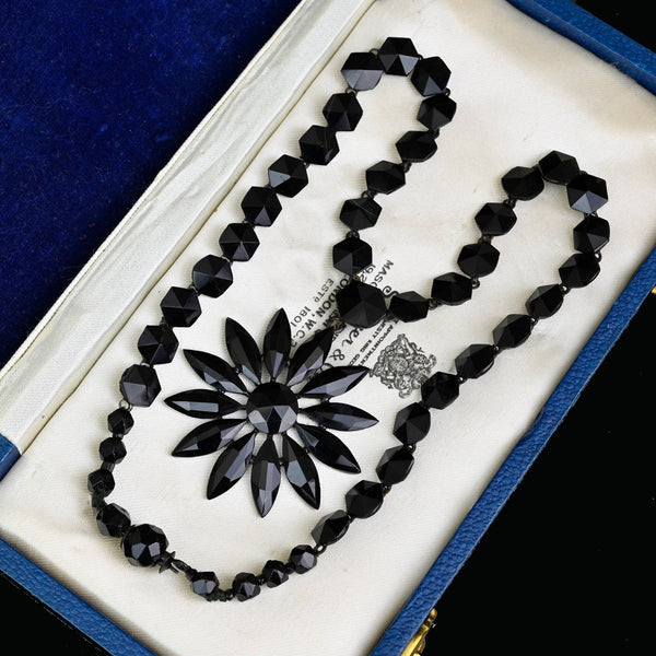 Antique Victorian Black French Jet Necklace, Floral Drop