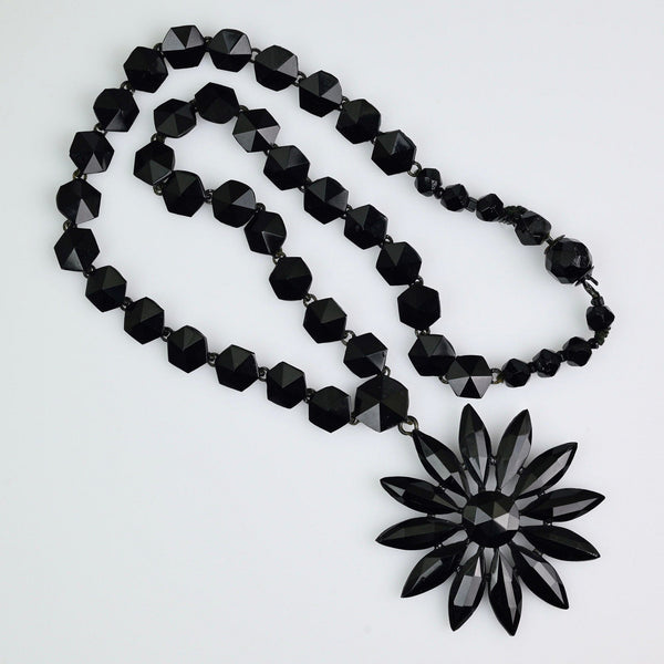 Antique Victorian Black French Jet Necklace, Floral Drop