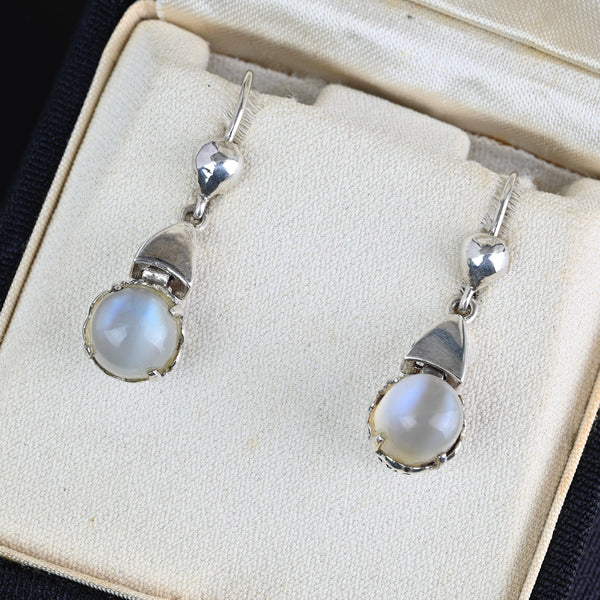 Vintage Silver Dangle Moonstone Cabochon Earrings - Boylerpf