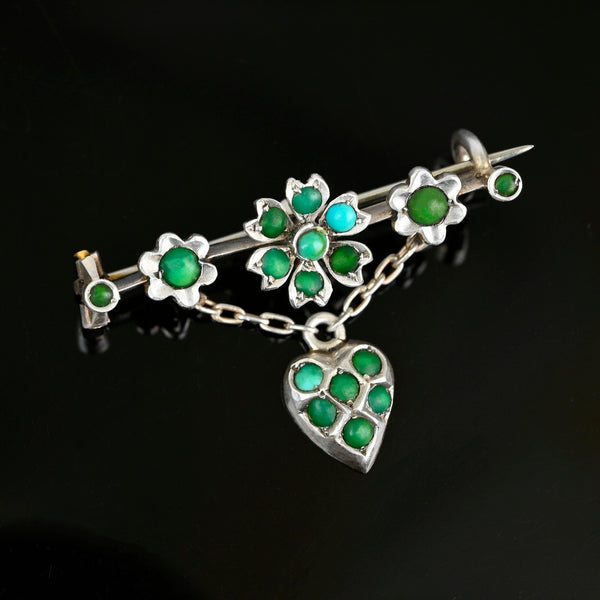 Antique Turquoise Brooch 1800s Heart Dangle 930 Silver
