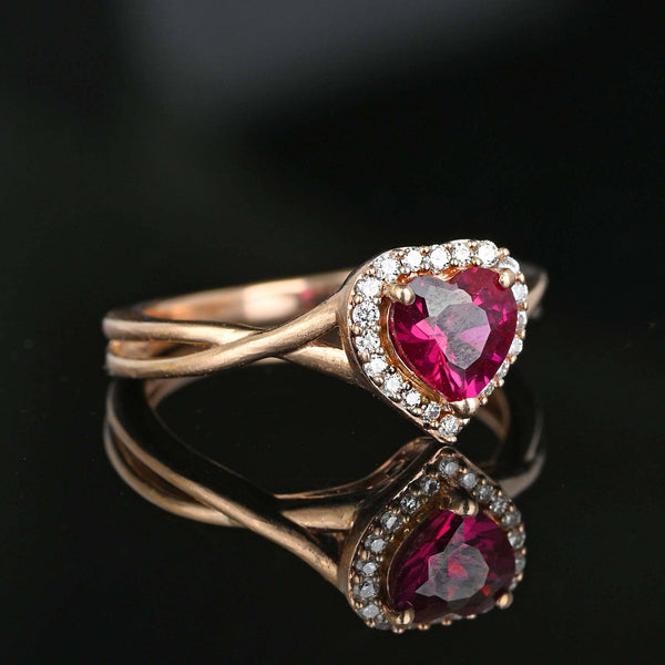 Vintage Rose Gold Diamond Halo Heart Ruby Ring - Boylerpf