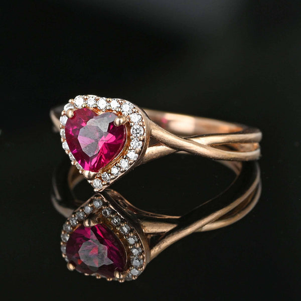 Vintage Rose Gold Diamond Halo Heart Ruby Ring - Boylerpf