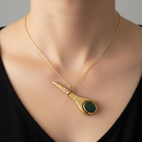 Antique Watch Key Banded Agate Bloodstone Spinner Pendant - Boylerpf