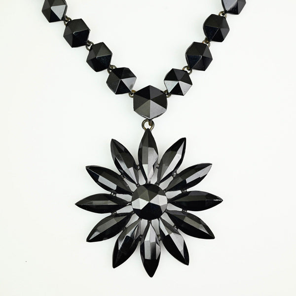 Antique Victorian Black French Jet Necklace, Floral Drop