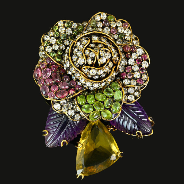 Vintage Iradj Moini Citrine Amethyst Floral Necklace Brooch