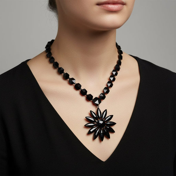 Antique Victorian Black French Jet Necklace, Floral Drop