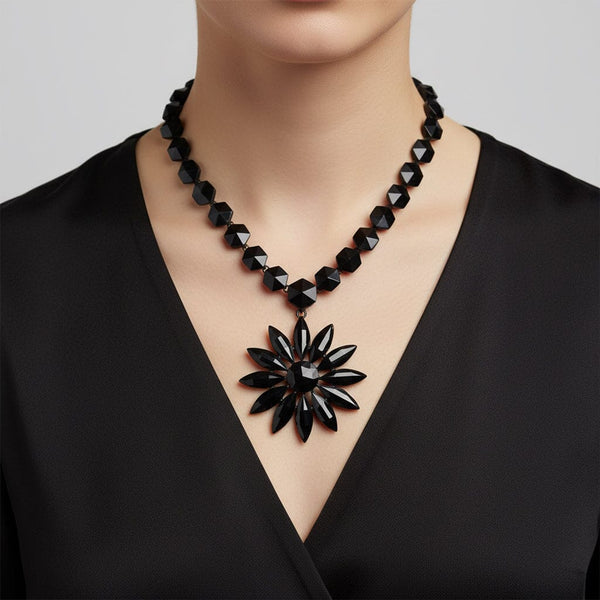 Antique Victorian Black French Jet Necklace, Floral Drop