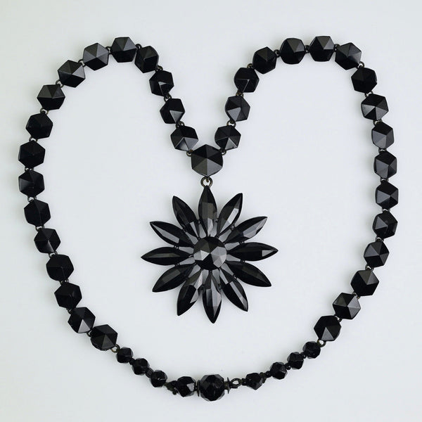 Antique Victorian Black French Jet Necklace, Floral Drop