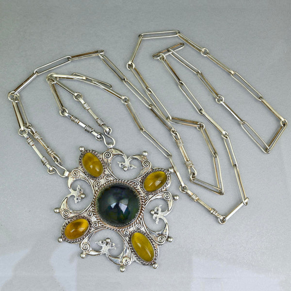 Arts & Crafts Green Tourmaline Citrine Pendant Necklace