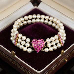 Vintage Ruby Pearl Bracelet, 14K Gold 3 Strand Heart Clasp - Boylerpf