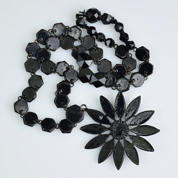 Antique Victorian Black French Jet Necklace, Floral Drop