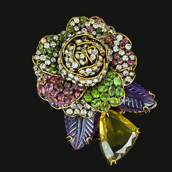 Vintage Iradj Moini Citrine Amethyst Floral Necklace Brooch