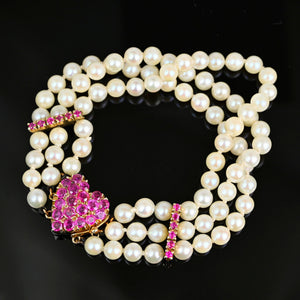 Vintage Ruby Pearl Bracelet, 14K Gold 3 Strand Heart Clasp - Boylerpf
